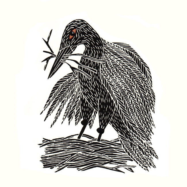 Building a nest: Linocut by Cally Trench